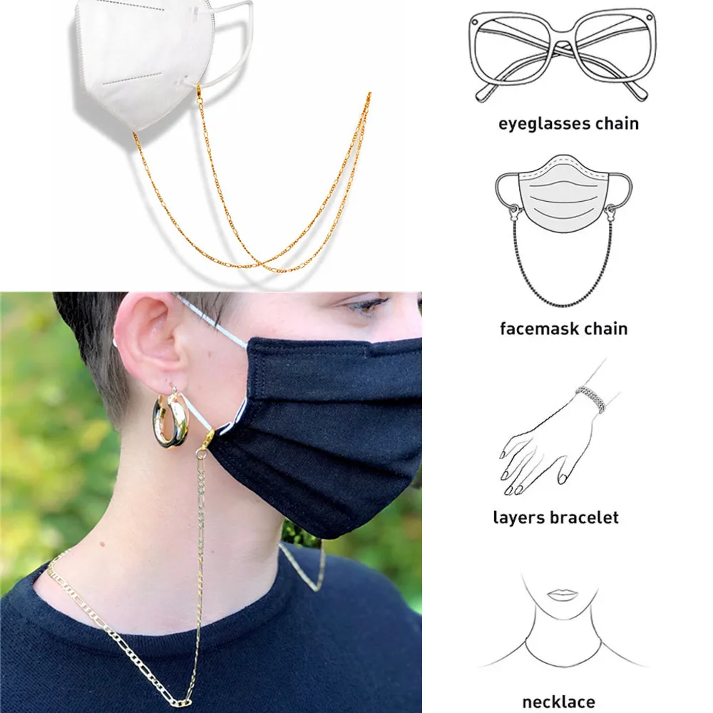 

Unisex Anti-lost Stainless Steel Figaro Chain Face Mask Lanyard Reading Glasses Chain Neck Straps Mask Cord Holder Gold Necklace