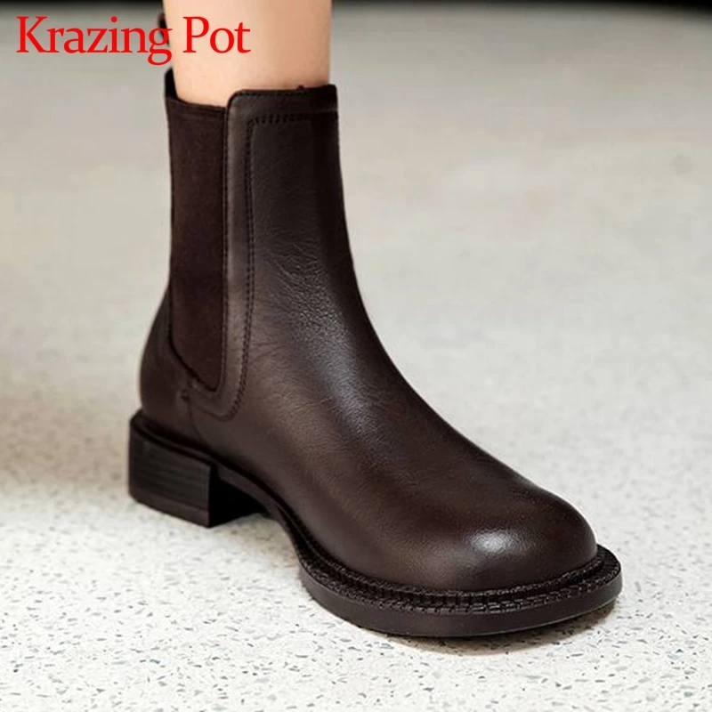 

Ботильоны Krazing Pot из натуральной бычьей кожи без застежек, простые стильные вязаные ботинки на среднем каблуке, с квадратным носком, в стиле ...