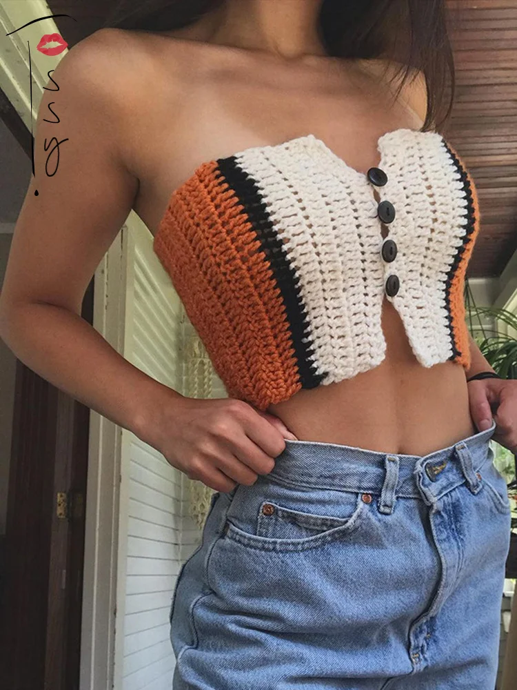 

Tossy Contrast Color Button Knitted Tank Top Women Slim Backless Cropped Top Lady Fashion Pachwork Club Streetwear Y2k 2022 New