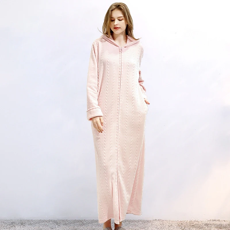 

Hooded Nightgown Sleepwear Winter Zipper Bathrobe Hooded Nightgown Couple Thickening Pajamas Flannel Nightdress Pijamas De Mujer