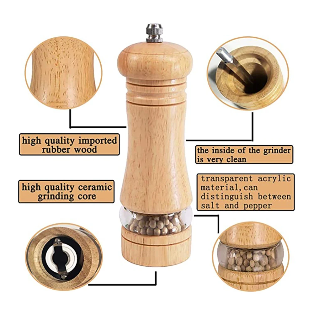 

2PCS Salt And Pepper Mills Solid Wood Pepper Mill With Strong Adjustable Ceramic Grinder 6 Inch Kitchen BBQ Tools Set