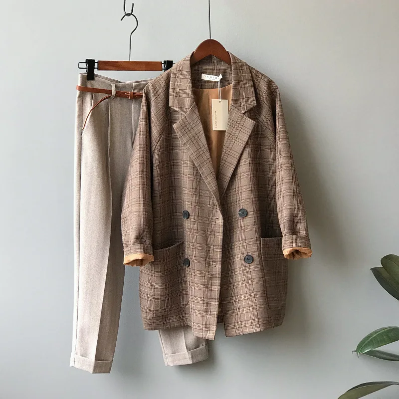 

Spring New Style Plaid Suit Coat Women's Casual Loose Double Breasted Notched Coat Office Lady Straight Long Sleeve Top