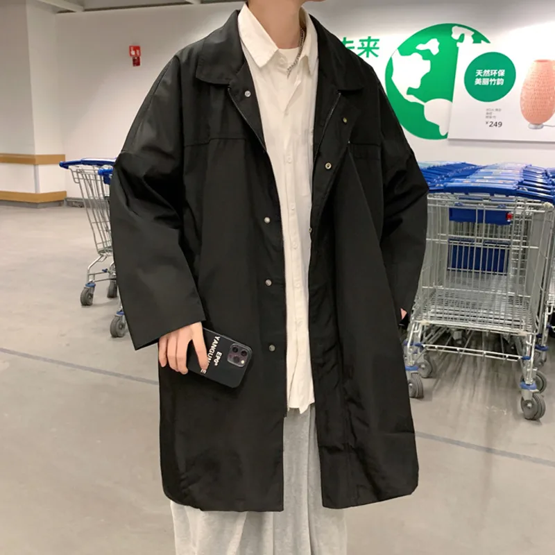 

IEFB Men's Medium Length Loose Windbreaker Coat Thin Oversized Trench Black Green Lapel Zipper Coat For Male 2021 Autumn 9Y8203