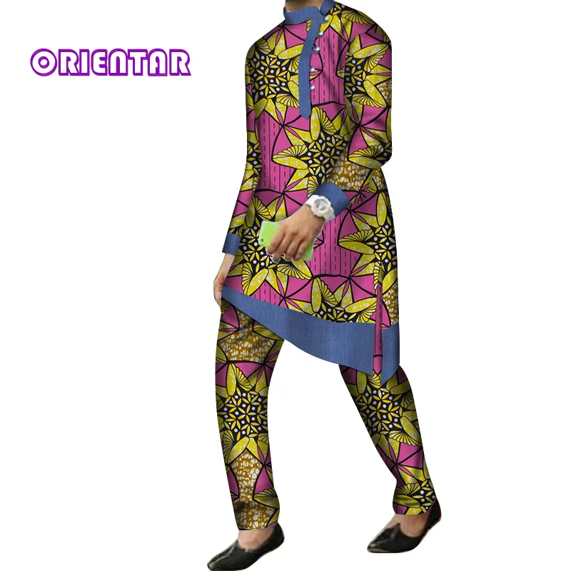 14 2 Pieces Set Men African Clothes Long Sleeve Shirt and Pants Traditional African Bazin Riche Print Dashiki Suit Trousers WYN844 - Цвет: 14
