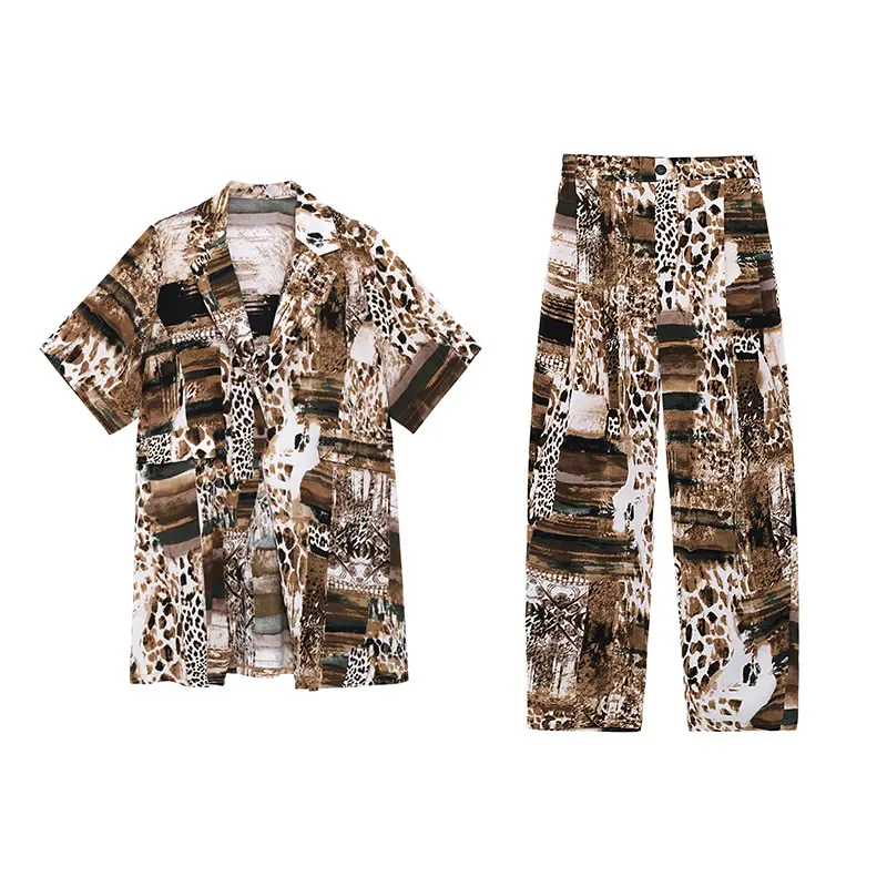 

XITAO Two Piece Set Women Leopard Single Breast Bandage Top Elastic Waist Full Length Pants 2021 Summer Minority New CLL1059