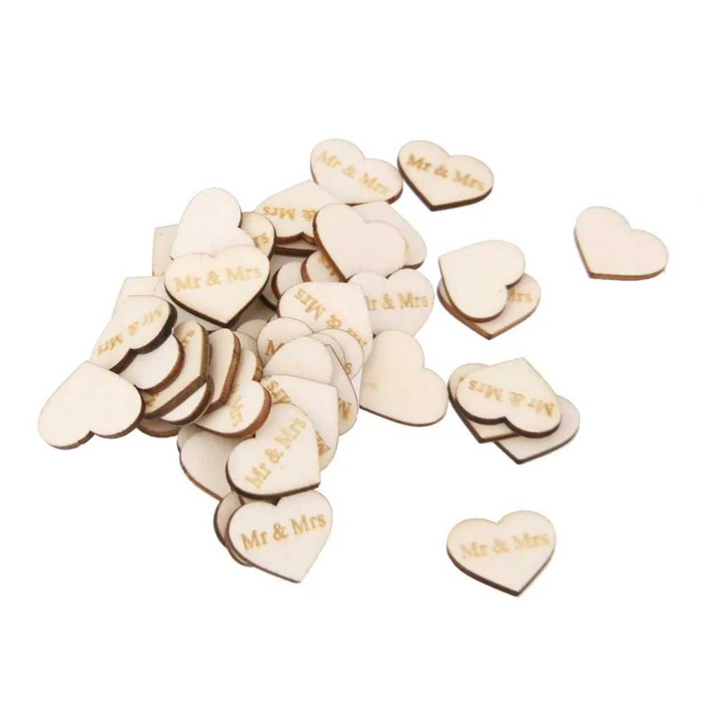 

50pcs Mr Mrs Wooden Heart Shaped Scrapbooking Embellishment Wedding Decor Ornament Unfinished Natural Wood Gifts Crafts Supplies