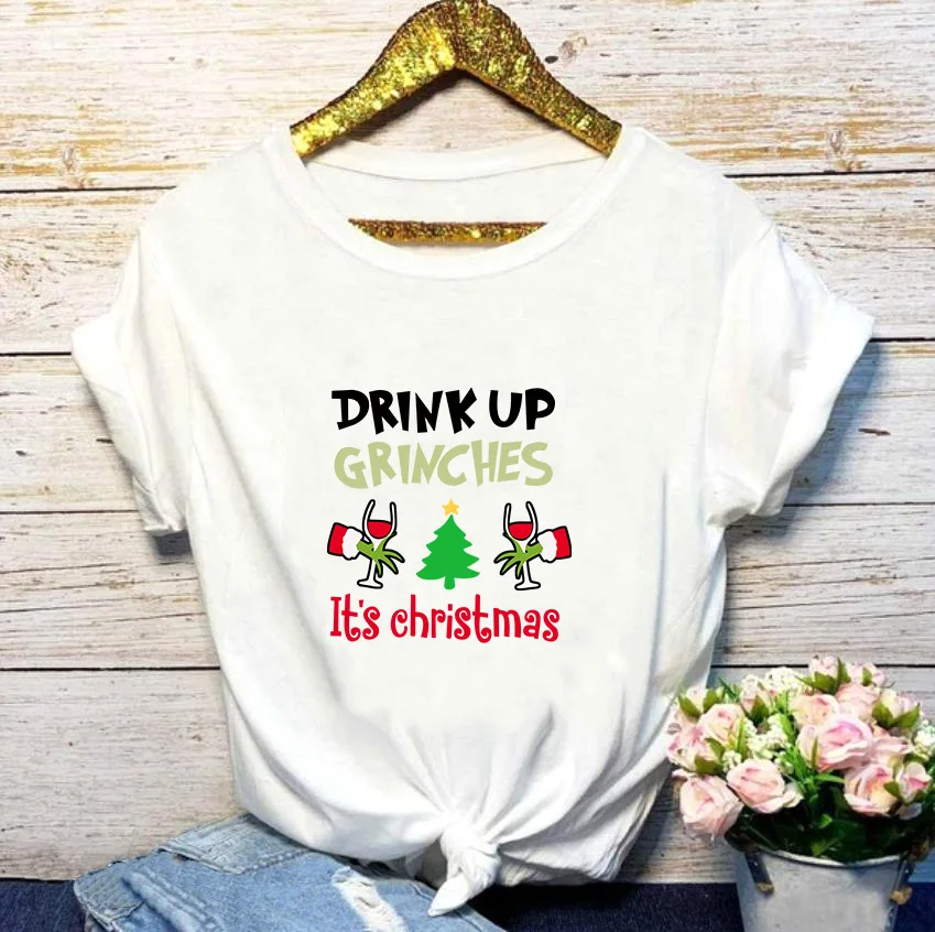 2QIMU Drink Up Grinches It's Christmas футболки модные графические женские Топы футболка с