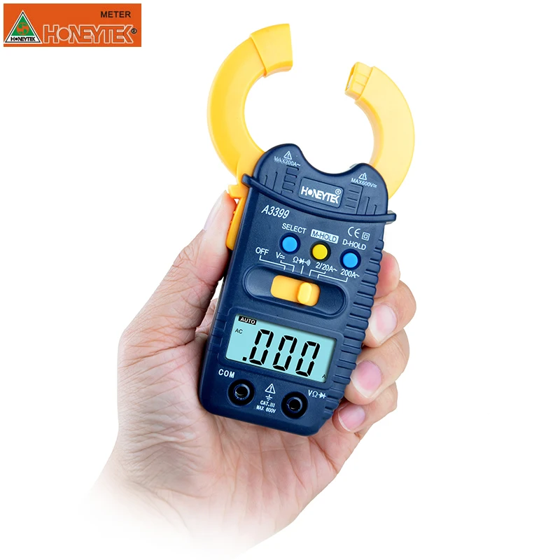 HONEYTEK A3390 цифровой клещи мультиметр мини Ампер DC/AC клещи вольтметр 600 в Автоматический диапазон измерения тока зажим