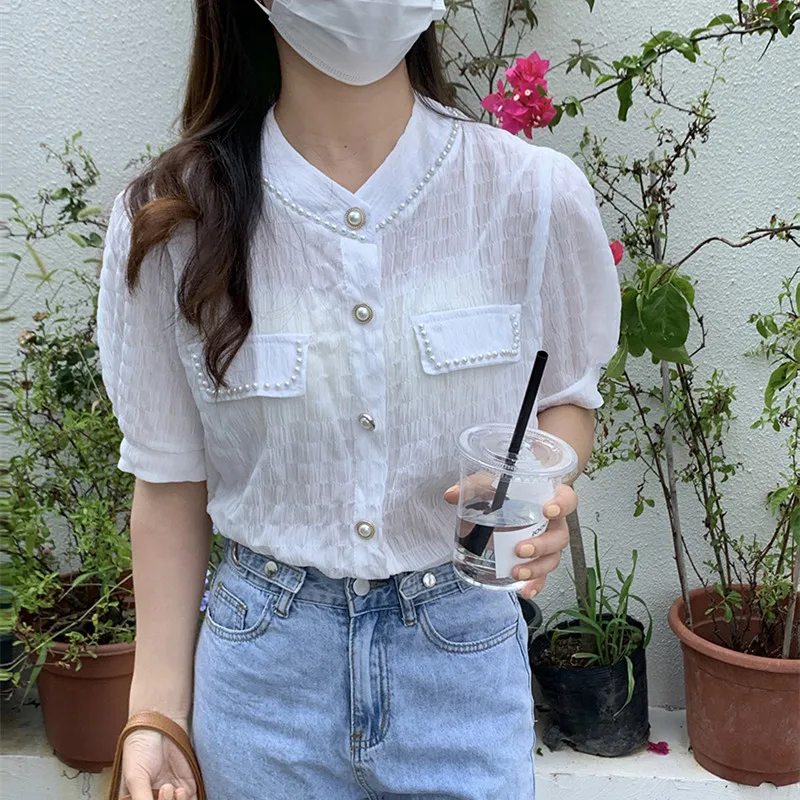 

Hzirip New Korean French V Neck Puff Sleeve Single-Breasted Women's 2021 Hot Solid Color Casual Fragrant Chic Fashion Shirt