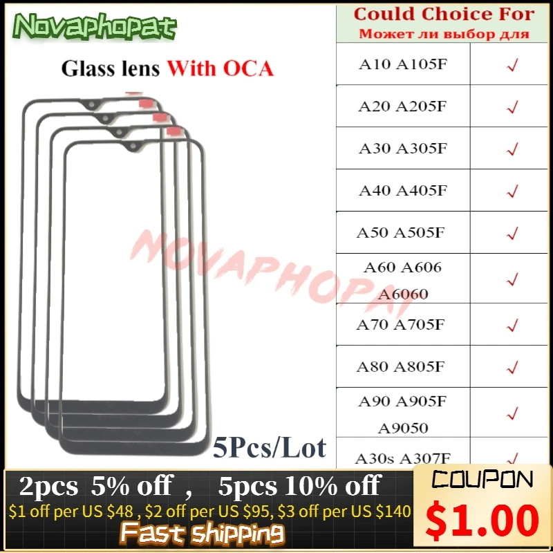 

5PCS Front Digitizer LCD Sensor Glass Panel For Samsung Galaxy A10 A20 A30 A40 A50 A60 A70 Touch Screen Glass lens With OCA