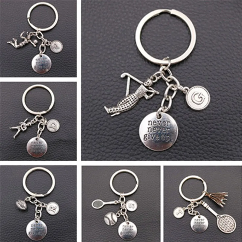 Never Give Up вдохновляющие Язык тег металический брелок для ключей игры в гольф виде
