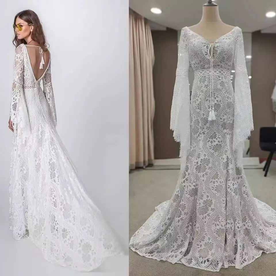 

803#2021 New Design Long Lantern Sleeve Empire V-Neck Backless Small Train Beauty Backless Lace Boho Beach Wedding Dresses Women