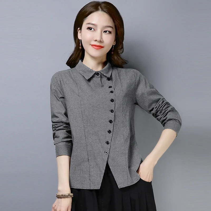 

New Spring Blouse Women 2021 Shirt Plus Size Long Sleeve Ladies Tops Cotton Plaid Turn-Down Collar Vintage Blouse Shirts AA5768