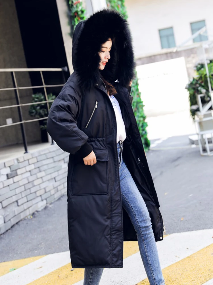 Женское пальто на утином пуху с большим капюшоном из меха енота женская зимняя