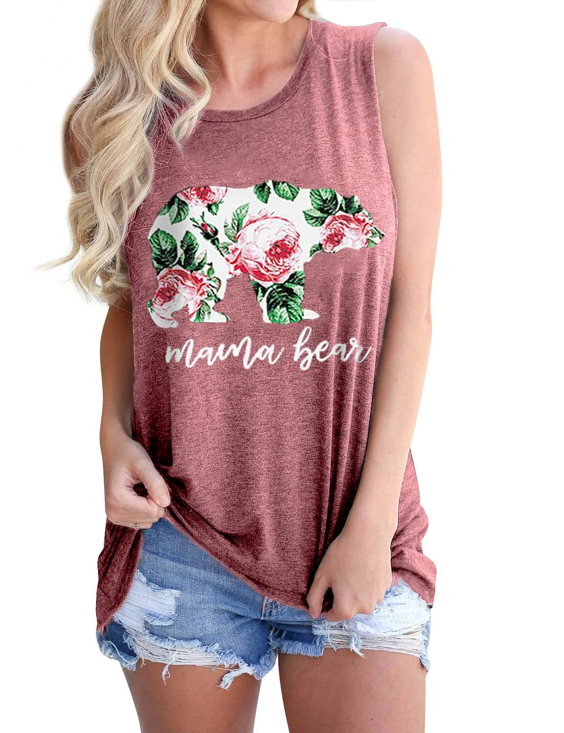 

Z10 Ms. MAMA Bear Printed Round Neck Sleeveless T-Shirt Fashion Vest Top