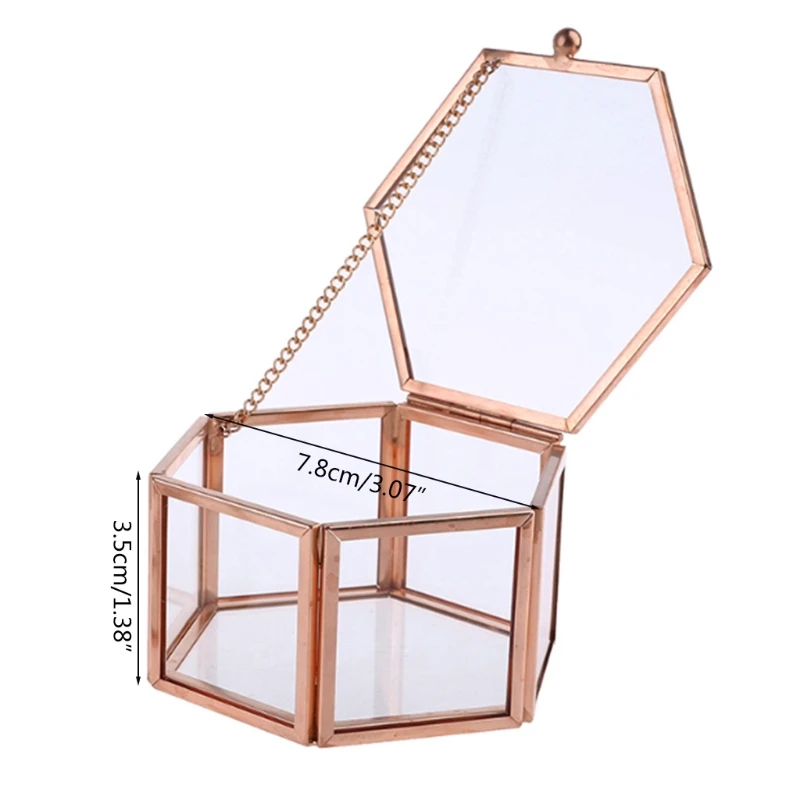 Hexagon Transparent Rose Gold Glass Ring Box Wedding Geometric Jewelry Organizer