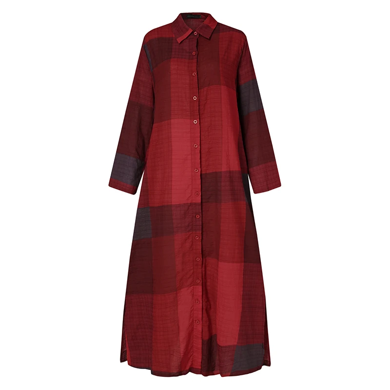 

ZANZEA Vintage Women Lapel Neck Plaid Checked Long Sundress Autumn Long Sleeve Loose Button Shirt Dress 2021 Casual Vestidos 5XL
