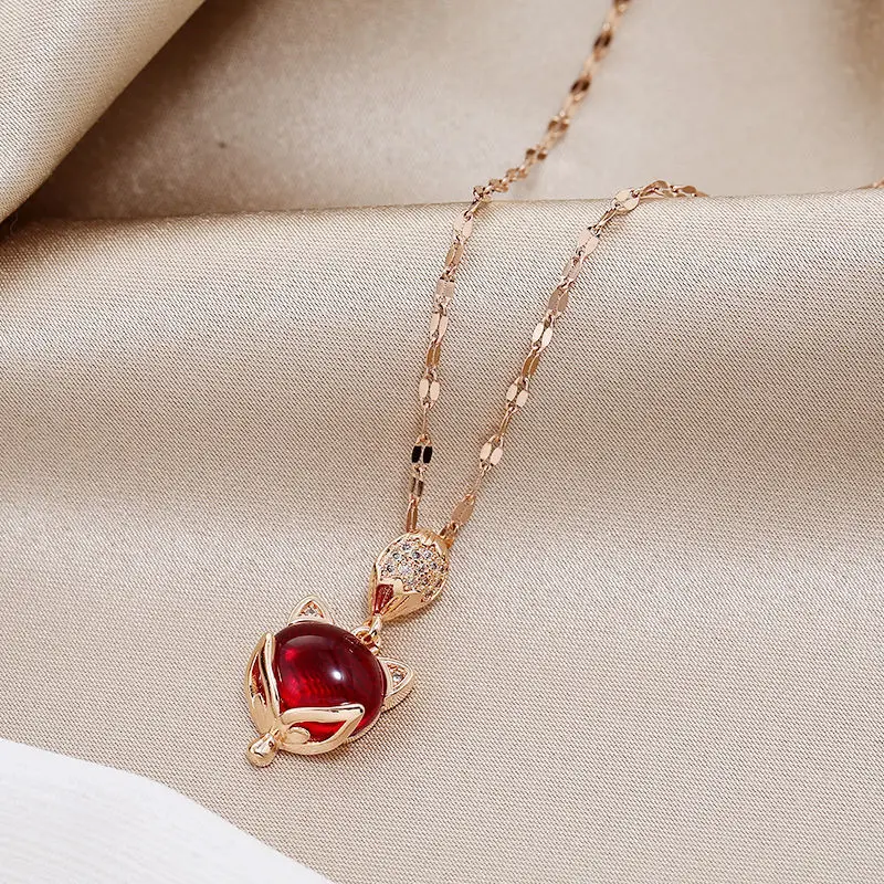 

Fashion Red Round Bead Pendant Necklace Cute Fox Titanium steel Clavicle Chain Necklace For Women Party Jewelry Girl Gift
