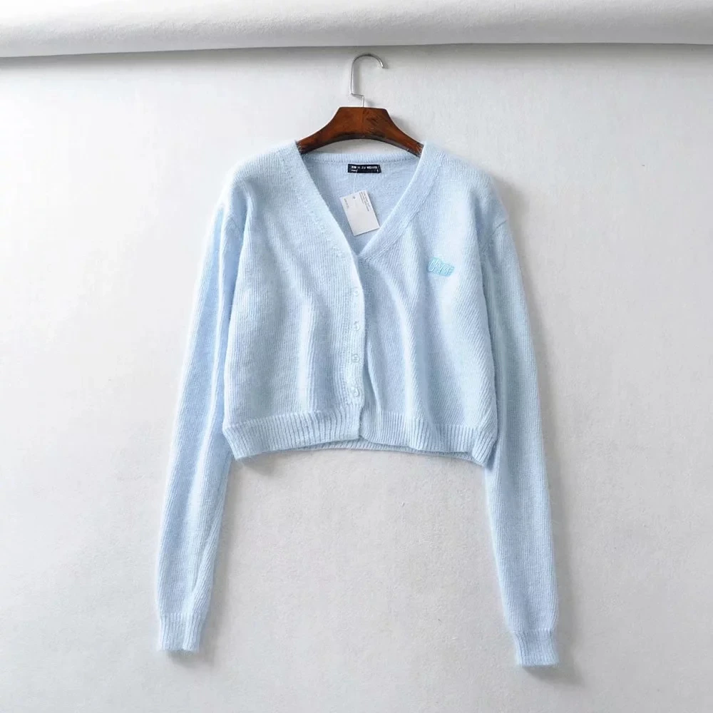 Весенний черный кардиган до талии с кроличьим мехом женский укороченный свитер