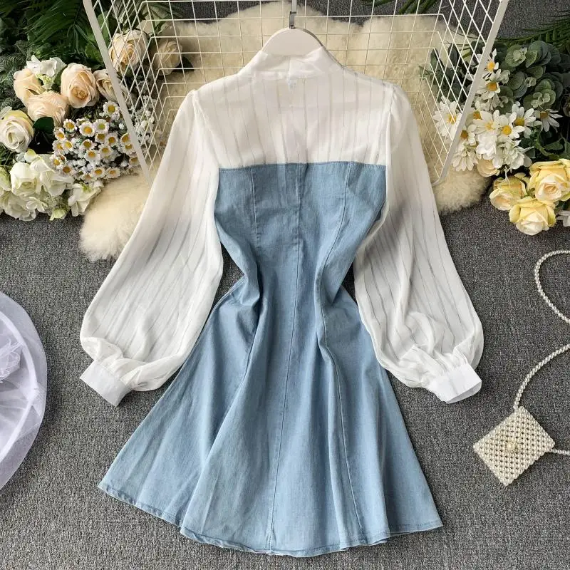 Женское шифоновое джинсовое платье короткое платье-блуза с длинным рукавом