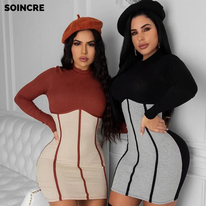 

2021 Spring New Women's Solid Color Round Neck Long Sleeves Contrast Color Stitching Fashion Temperament Slim Sexy Party Dress