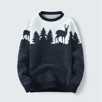 autumn and winter fawn pattern casual sweater mens long sleeve round neck knitted pullover