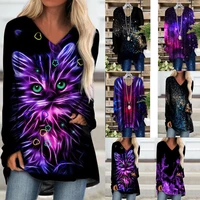 print 3d cat t shirt for women casual loose pullover tunic 2021 autumn new streetwear fashion v neck long sleeve midi top tee