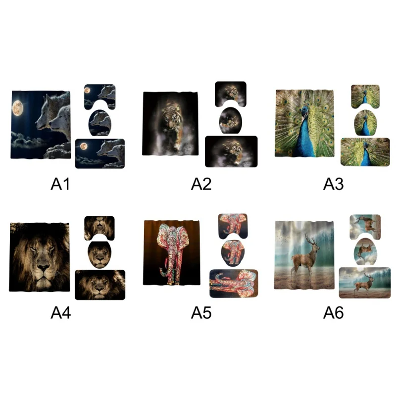 

Practical 4Pcs/Set Animal Themed Print Bathroom Accessories Set Non-Slip Flannel Shower Bath Rug Mats Polyester Shower Curtain