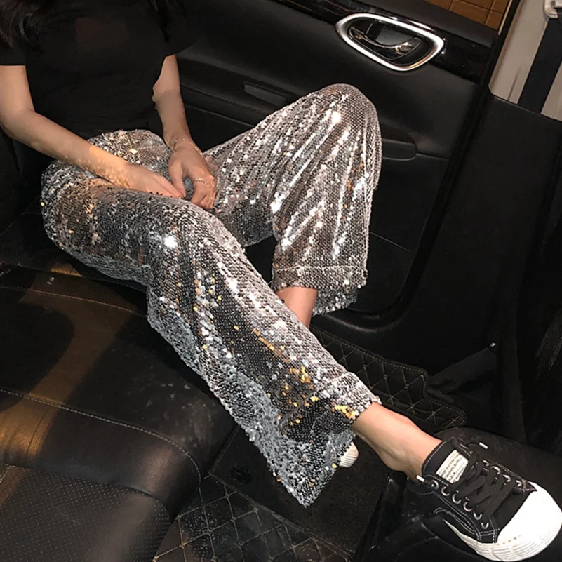 2021 Fashion The New Loose Buling Sparkling Sequin Wide Leg Slim Leisure Pants Free Shipping | Женская одежда