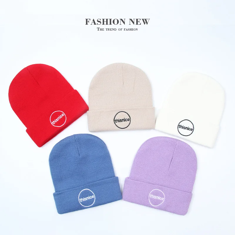 

Embroidery Letter Candy Color Beanie Unisex Woolen Cap Outdoor Men Autumn Winter Hat Couple Knitted Hat Trendy Bonnets For Women
