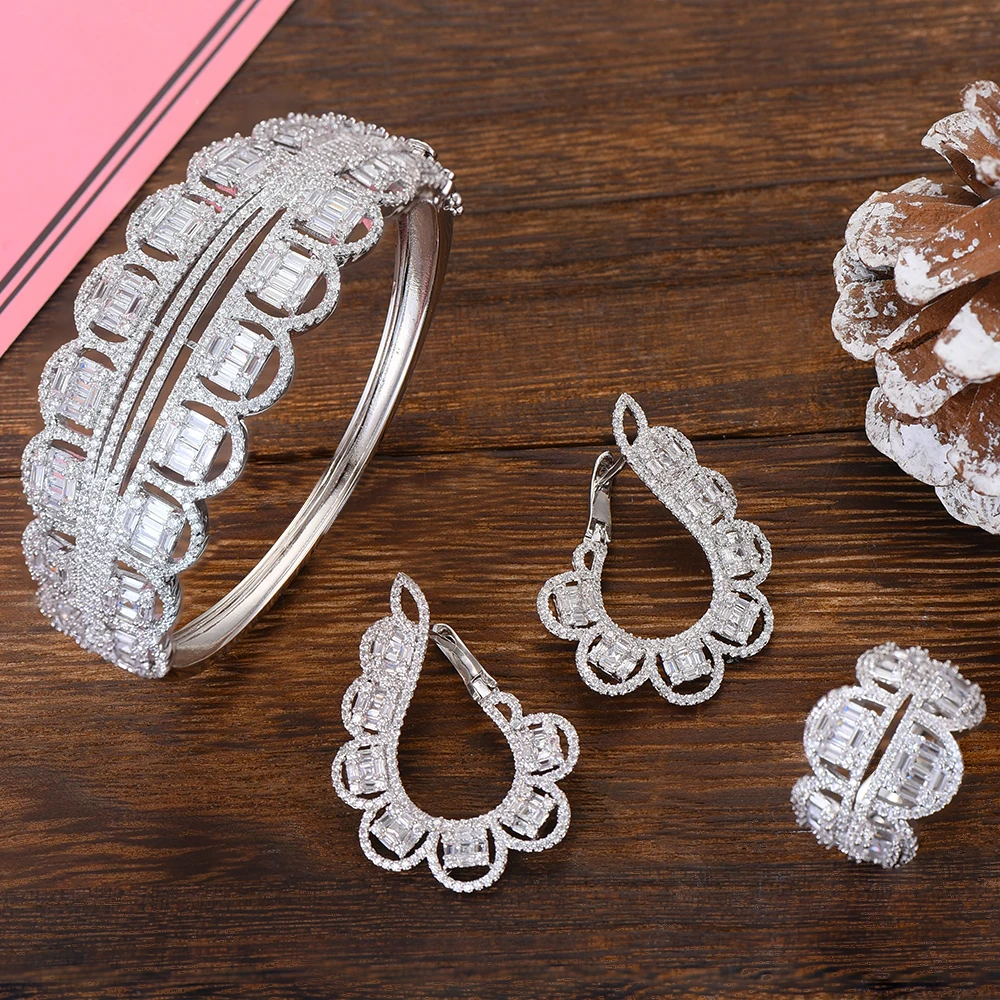 LARRAURI 3 шт. Роскошные браслеты/серьги/кольца для женщин бриллиантовые Свадебные Ювелирные наборы из Дубая
