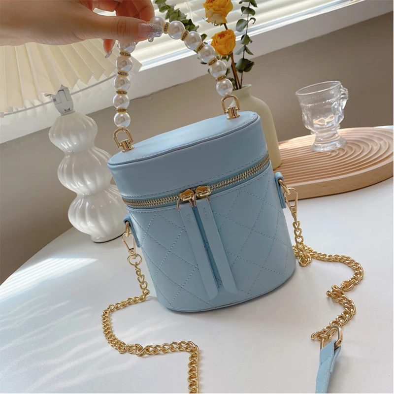 

Pearl Chains Bucket Bag Women 2021 New Luxury Designer PU Leather Shoulder Messenger Bag Solid Color Female Purses and Handbags