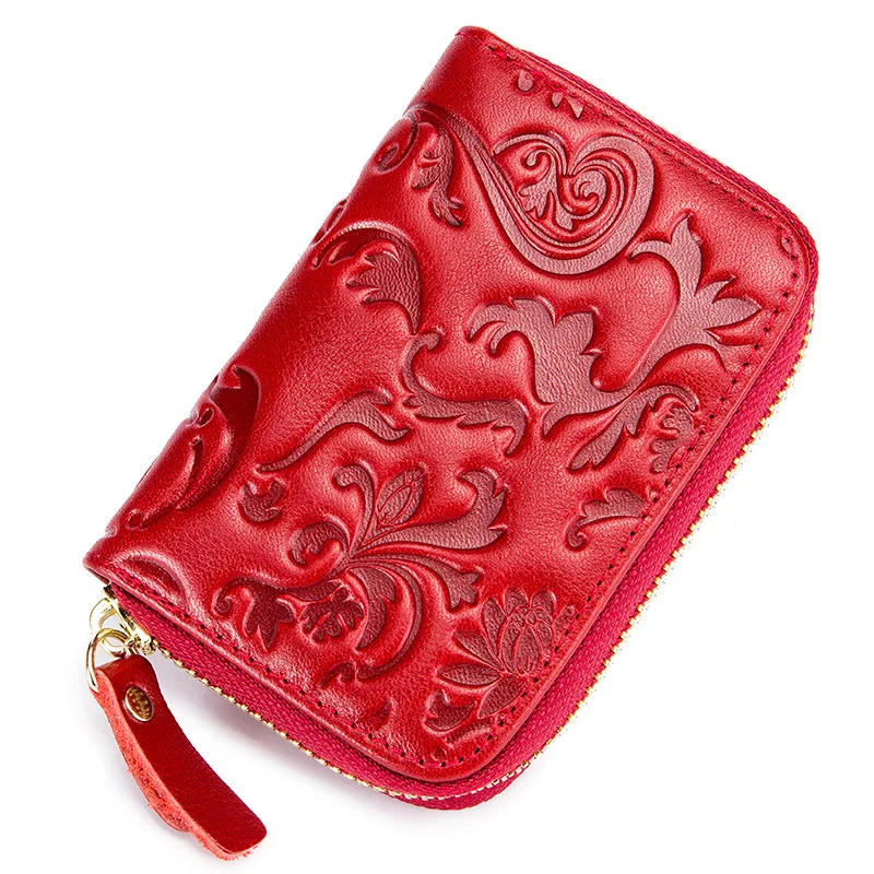 Red Бренд GO-LUCK, новинка, RFID, натуральная кожа, 12 бит, держатель для кредитных ID карт, кошелек, женский, на молнии, Круглый, Чехол для карт, Сумка с цветочным рисунком - Color: Red