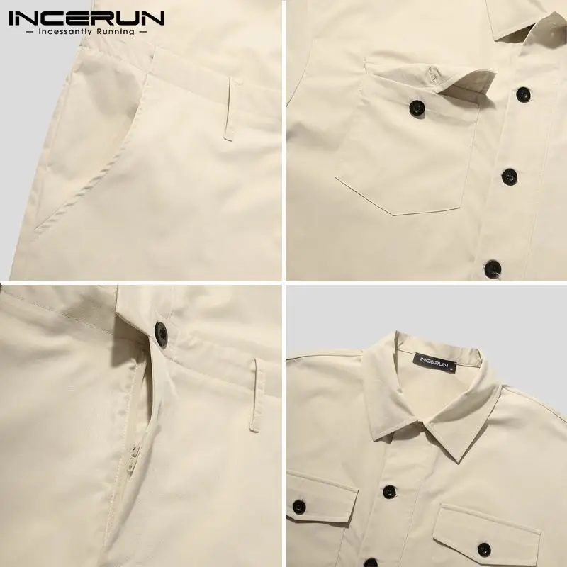 

2021 Fashion Men Cargo Overalls Solid Color Streetwear Pockets Casual Rompers Short Sleeve Button Jumpsuits Shorts INCERUN S-5XL