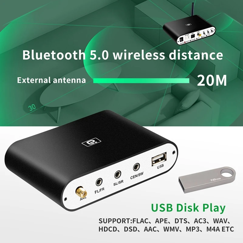 DA615H 5.1CH Audio Decoder Bluetooth 5.0 Receiver DAC Wireless Adapter Optical Coaxial U Play ARC DTS | Электроника