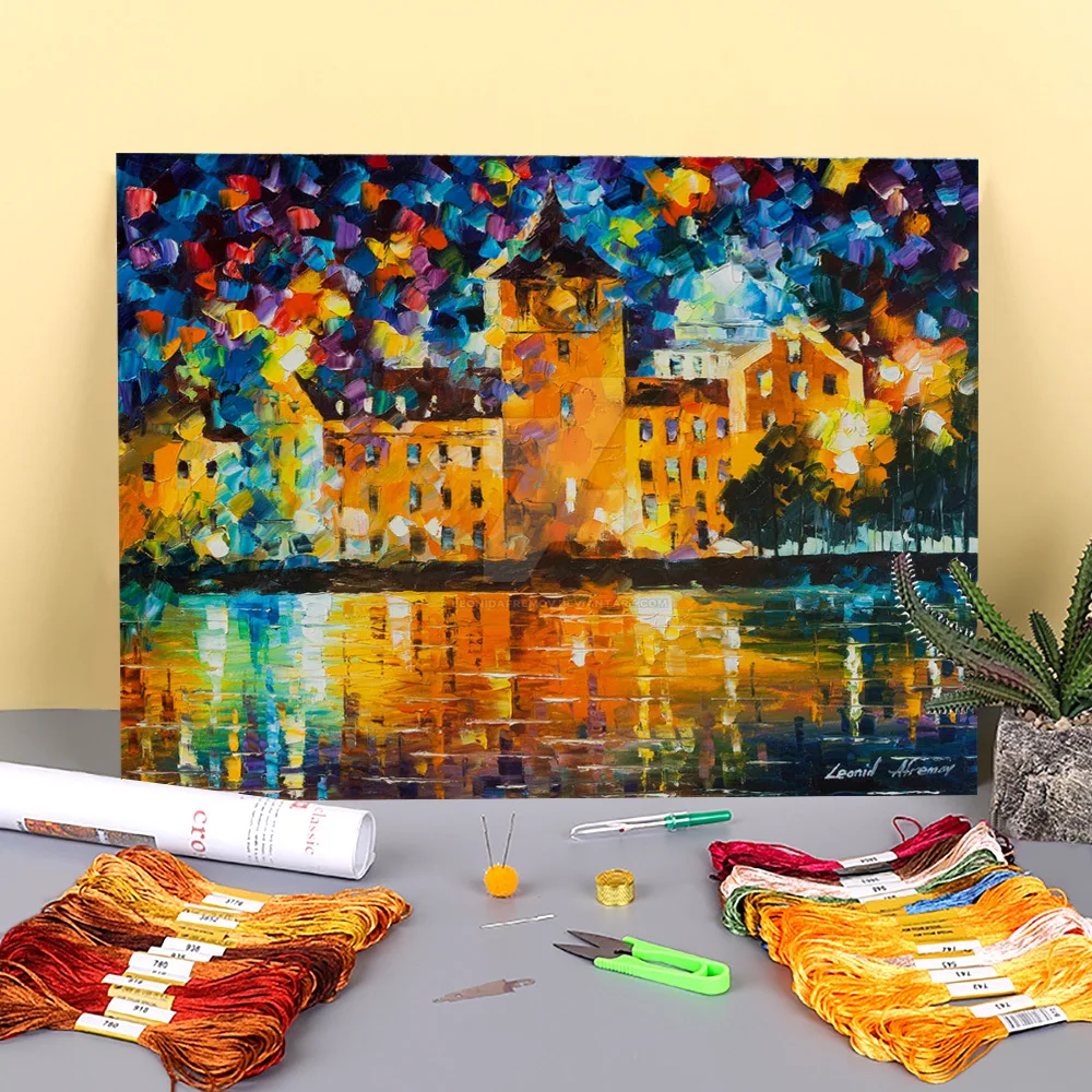 Ткань с принтом замок по озеру 11CT полный набор для вышивки крестиком DMC нитки