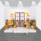 Фон для студийной фотосъемки с изображением дня рождения ребенка пчелы меда торта ударов подсолнухов деревянной двери