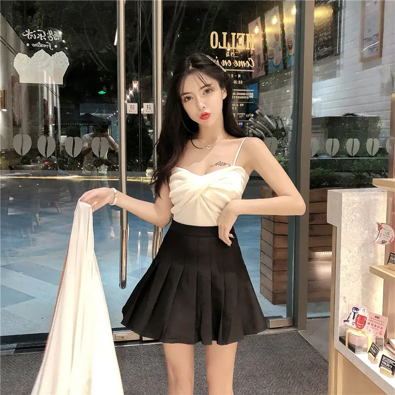 

2021 New Summer Women's Sleeveless Vest + Long Sleeve Sun-prevent Clothes + Pleated Short Skirts Suits Ladies 3 Piece Sets Q528