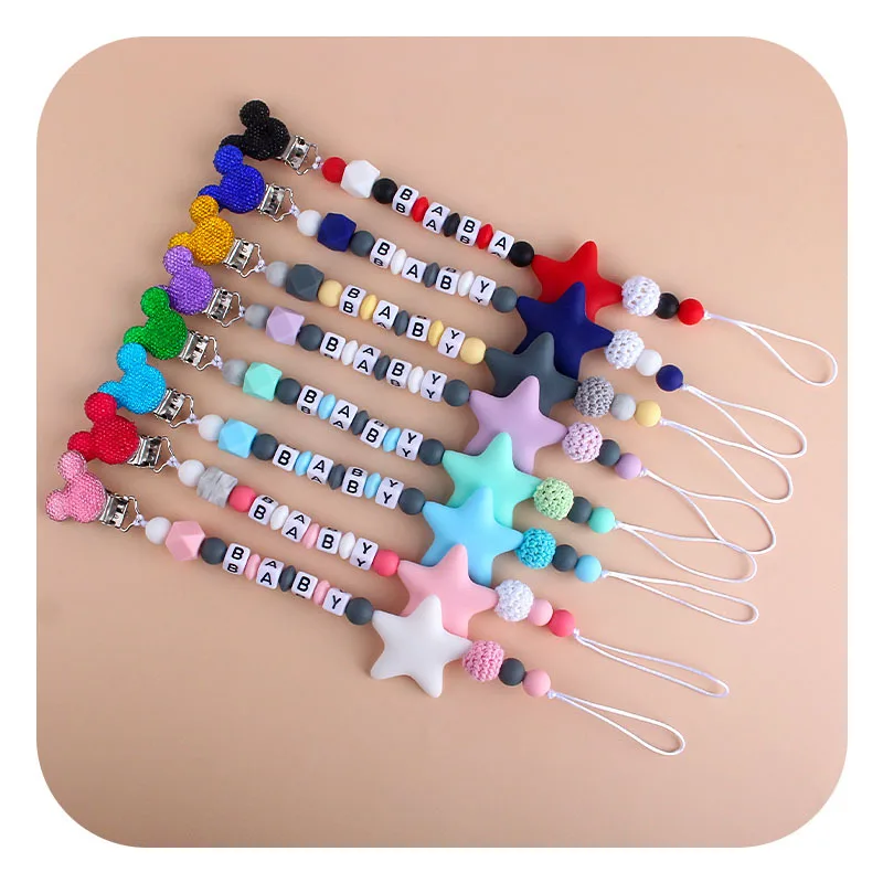 Cadena con clip para chupete de beb&eacute;, chupete con nombre personalizado, cuentas de dentici&oacute;n de silicona, regalo de cumplea&ntilde;os de beb&eacute;, Mickey-0