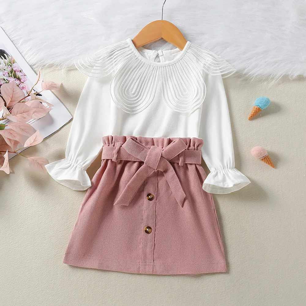 

Toddler Kids Baby Girls Autumn Full Sleeve Solid Top Shirts Belt Skirts Children Casual Clothes Set 2pcs 1-6Y