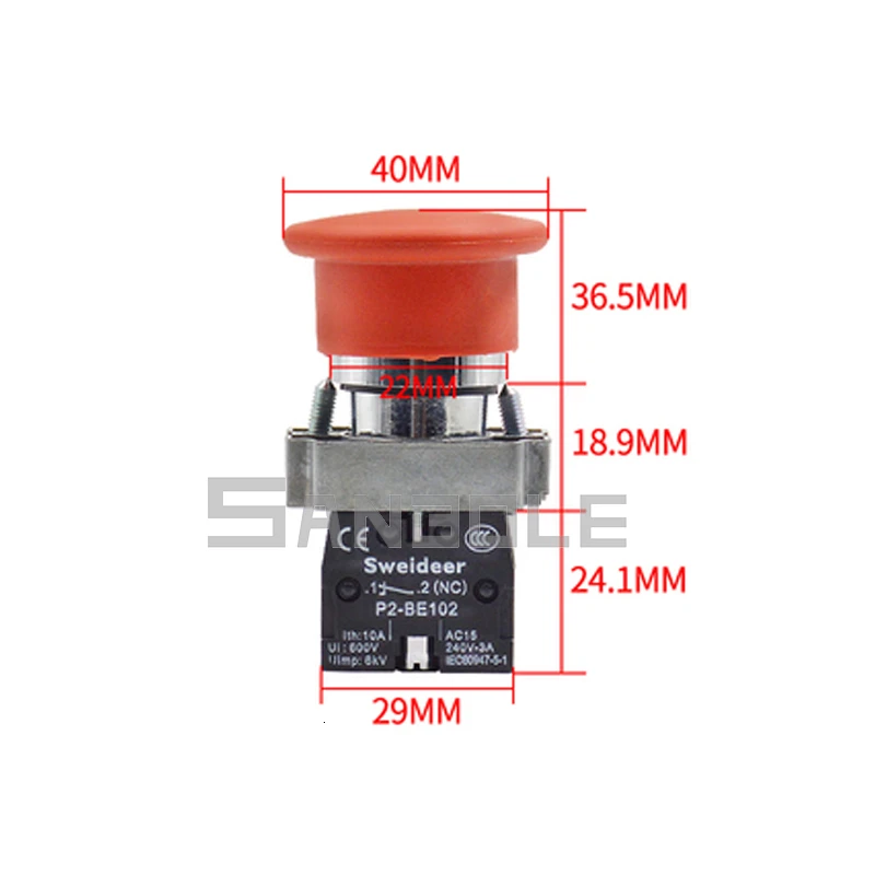 Красный гриб XB2 кнопочный переключатель 10 А Мгновенный/сброс электропитания