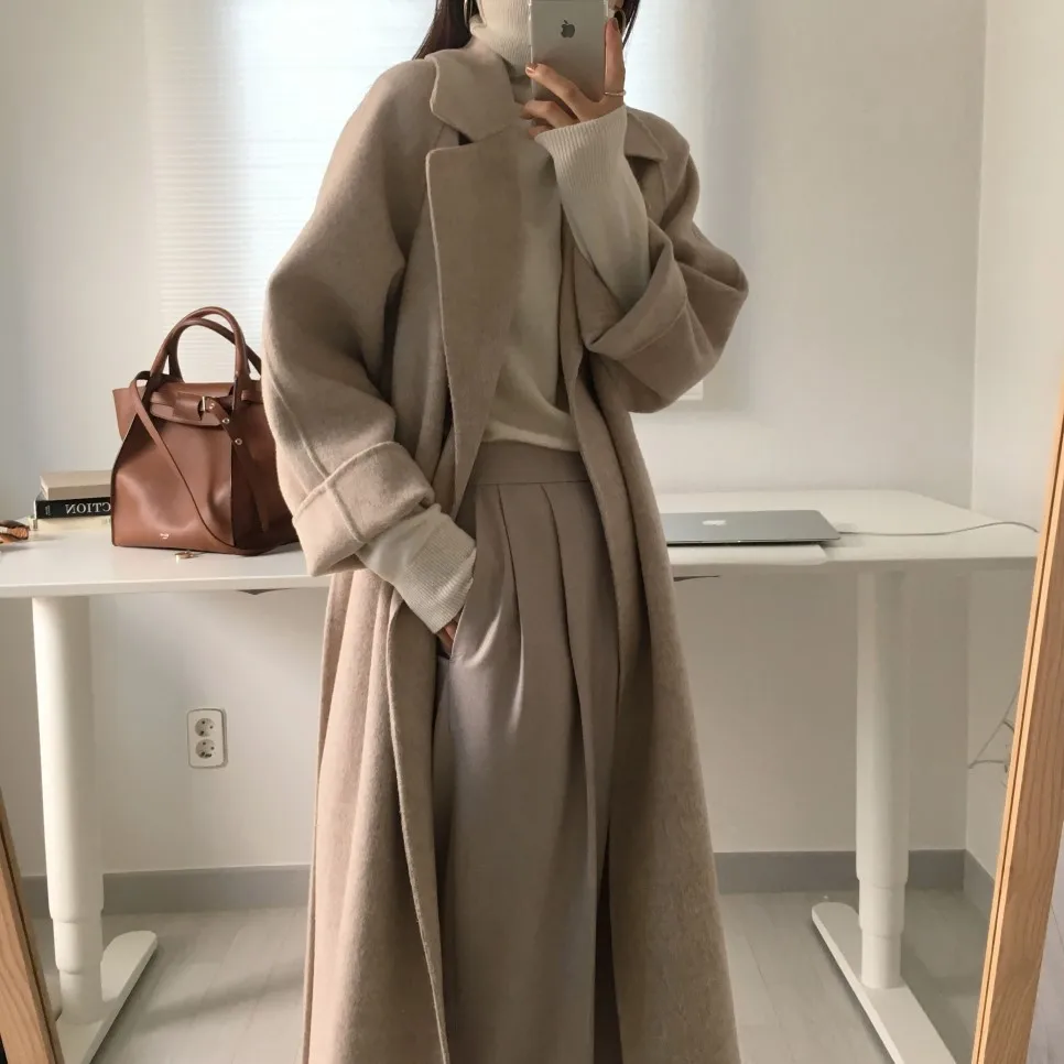 

Temperament slim-fit lace-up waist over the knee long cashmere woolen coat