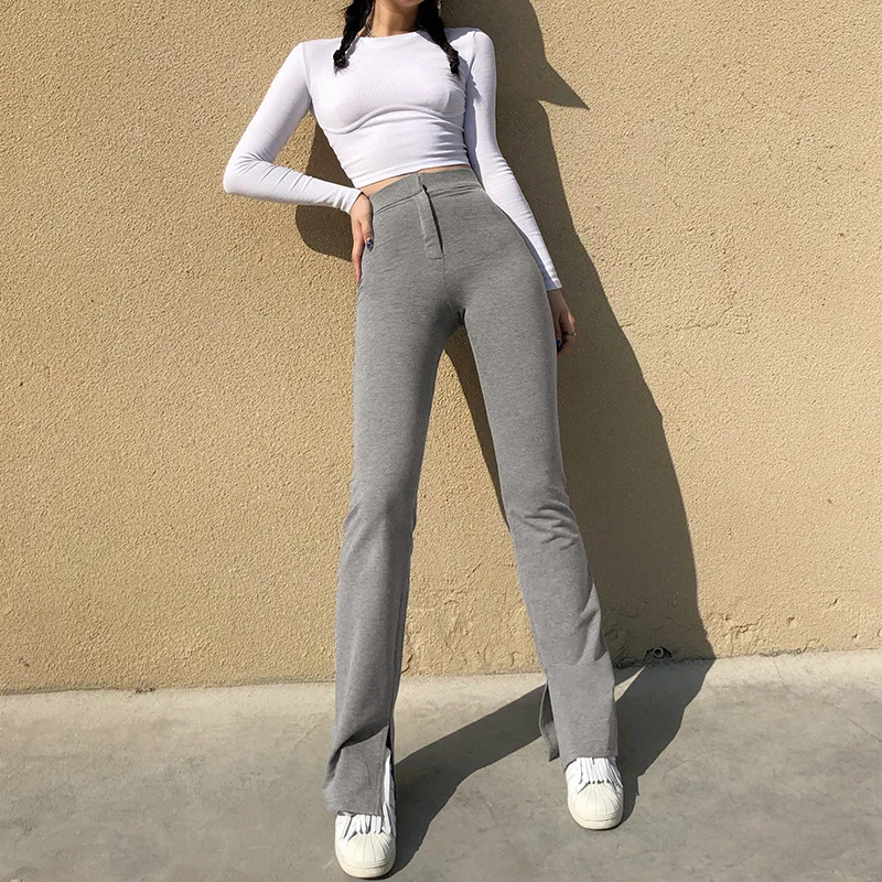 

Y2K Vintage Brown Flare Pants High Waist Slim Fit Long Trousers 90s Aesthetics Indie Zip Up Skinny Slit Pants Sexy Women Clothes