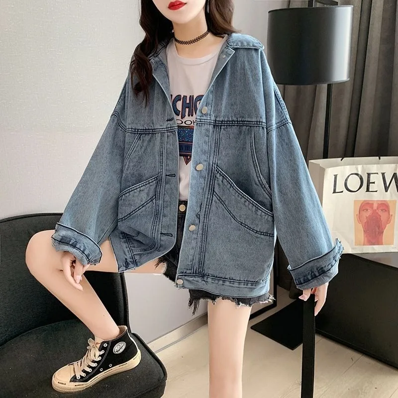 

Women 2021 Spring Autumn New Korean Loose All-match Turn Down Collar Single-breasted Denim Jacket Double Pocket Jean Coat Y346