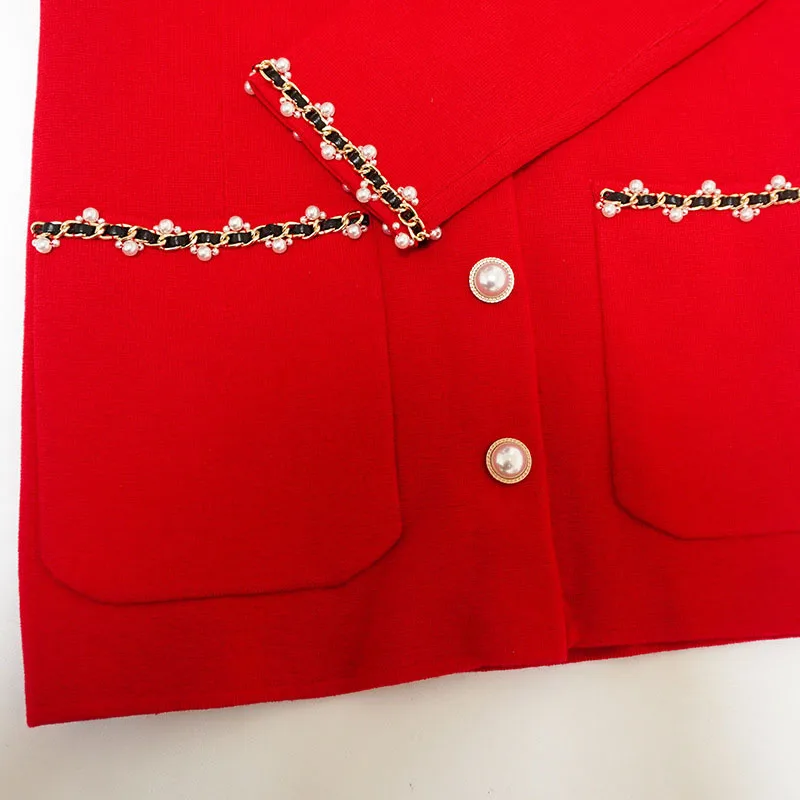

Red and Black Knit Sweater Women's Pearl Decoration O-neck Wool Single Breasted Loose Ladies Casual Knitted Cardigans