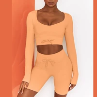 women long sleeve exercise and fitness suit yoga suit gym clothes yoga set 2 piece set low cut sexy close fitting workout set