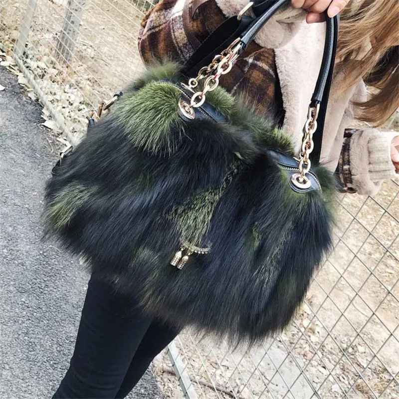 

2019 New Brand Women's Fashion Women's Bag Leather Ladies Bag Large-Capacity Fox Fur Shoulder Bag Ladies Multi-Color Warm Bag.