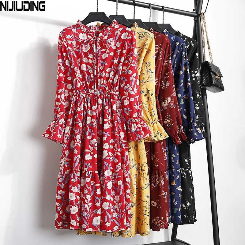 Осень 2019 женские повседневные платья милое шифоновое платье с цветочным принтом