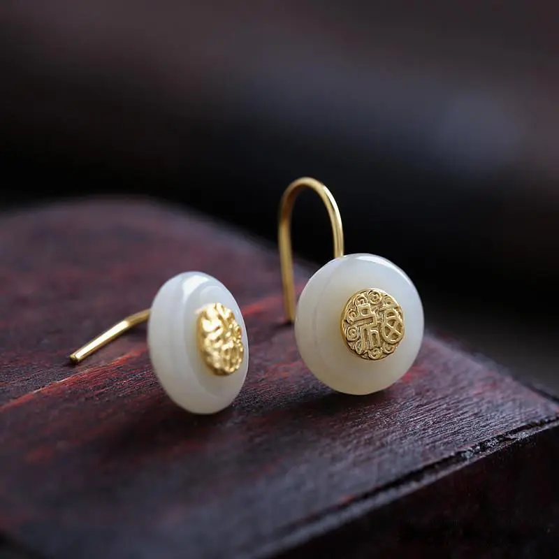 

S925 Sterling Silver Hetian Jade Fu Earrings High-Grade Earrings Trendy Personality Simple Gilding Craft Silver Earrings