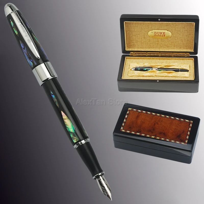 Duke 14K Silver Fountain Pen Bright Pearl In The Dark Green Sea Fine Nib 0.5mm Gift Pen & Wooden Gift Box For Gift & Collection